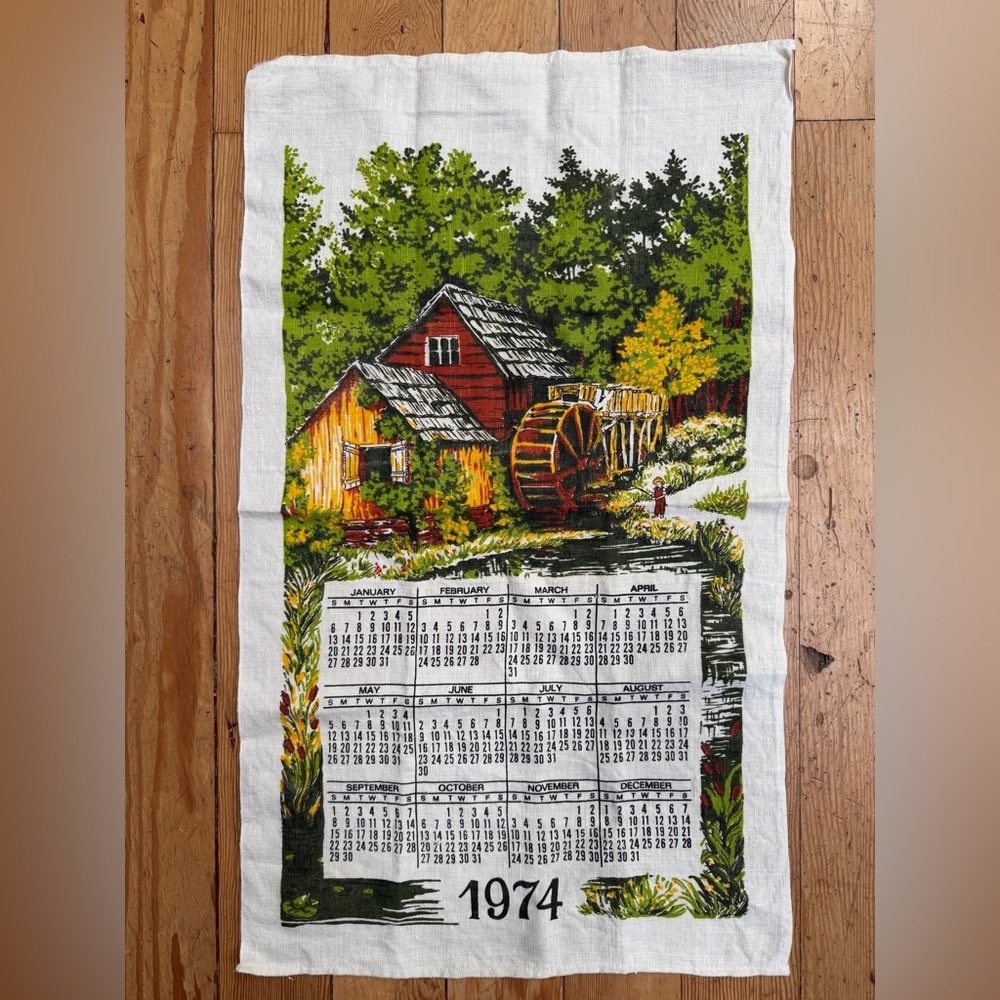 Vintage 1974 Watermill Calendar Tea Towel